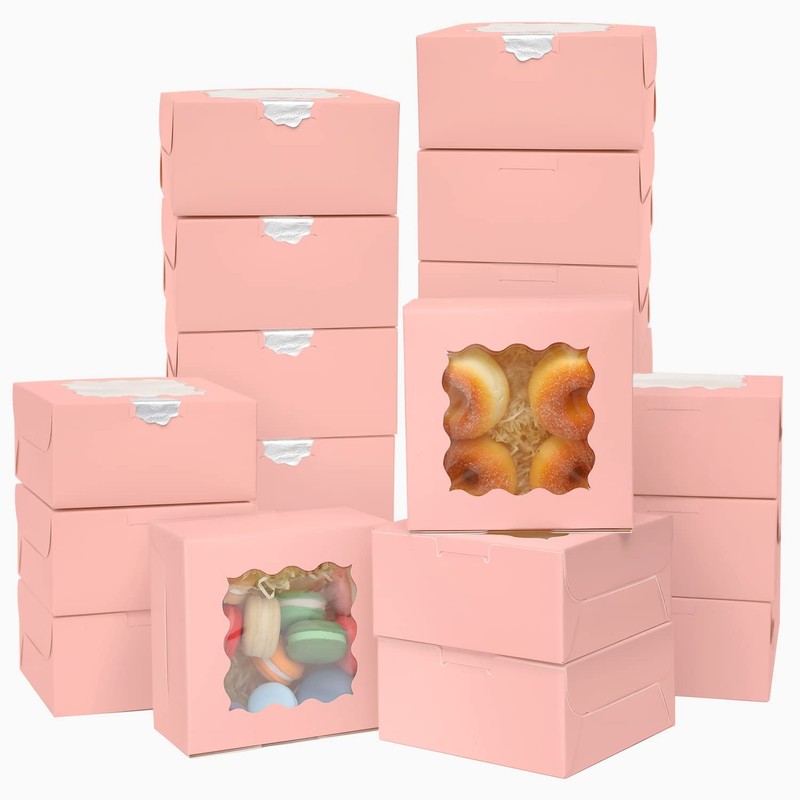 100 PCS Pink Bakery Boxes Window 6x6x3 Inch Macaroon Pastry Cookie gallery