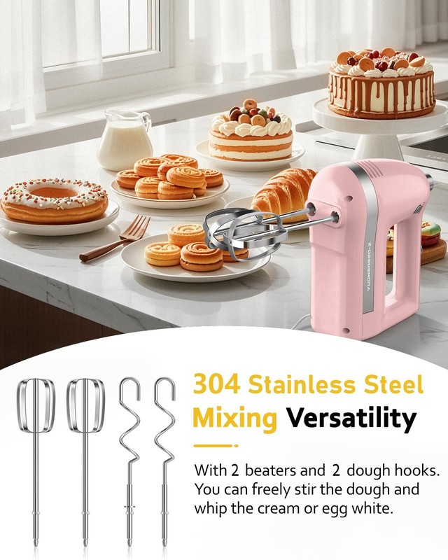 Electric Hand Mixer Powerful 300W Handheld With Beaters Dough Hooks Pink gallery