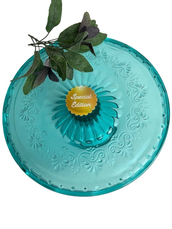 Pioneer Woman NEW! Pedestal Scalloped Embossed Cake Stand Teal Clear Glass 10 in