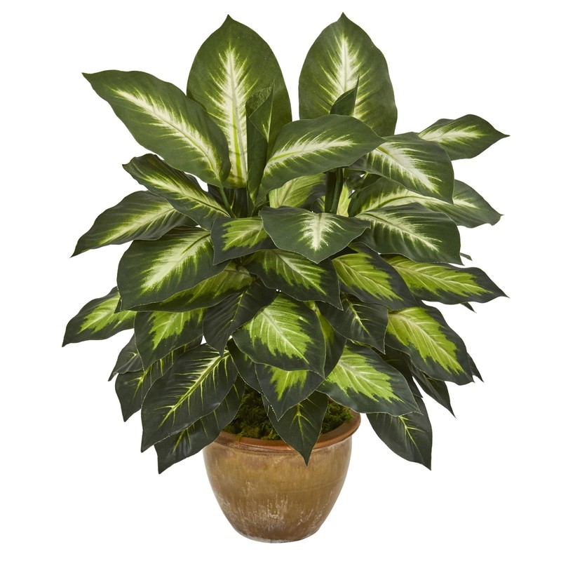 Nearly Natural Artificial Dieffenbachia Plant Faux Greenery In Ceramic Planter