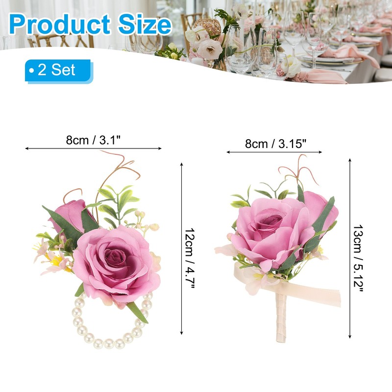 2 Set Artificial Flower Wrist Corsage and Boutonnieres Set for Men Women Pink gallery