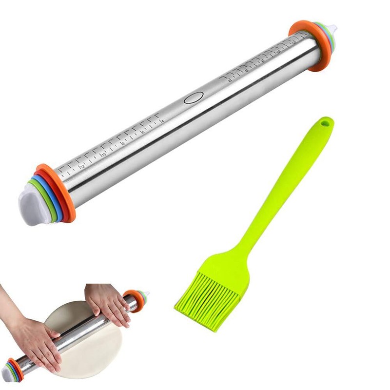 Rolling Pin Adjustable Roller Pin with 4 Size Removable Thickness Rings + Oil...