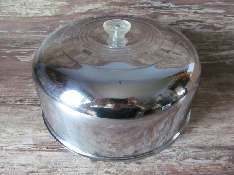 VTG Original Stainless Steel Chrome Cake Dome Cover Lid Clear Lucite Knob Handle