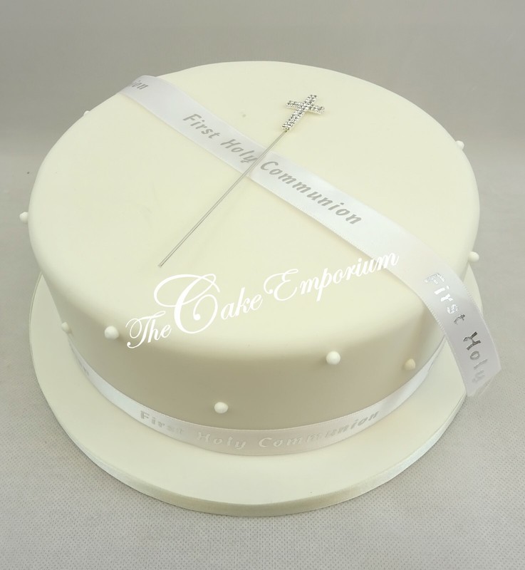 CHRISTENING RIBBON OR HOLY COMMUNION RIBBON WITH DIAMANTE CROSS CAKE TOPPER
