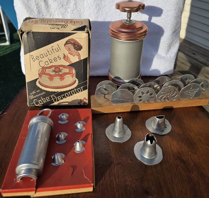 Vintage Cake Decorator Set Aluminum Pastry Icing Tools Copper Cookie Press Lot