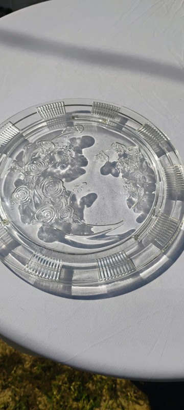 Federal Glass Clear Sharon Cabbage Rose Branch Cake Plate Platter 11½”