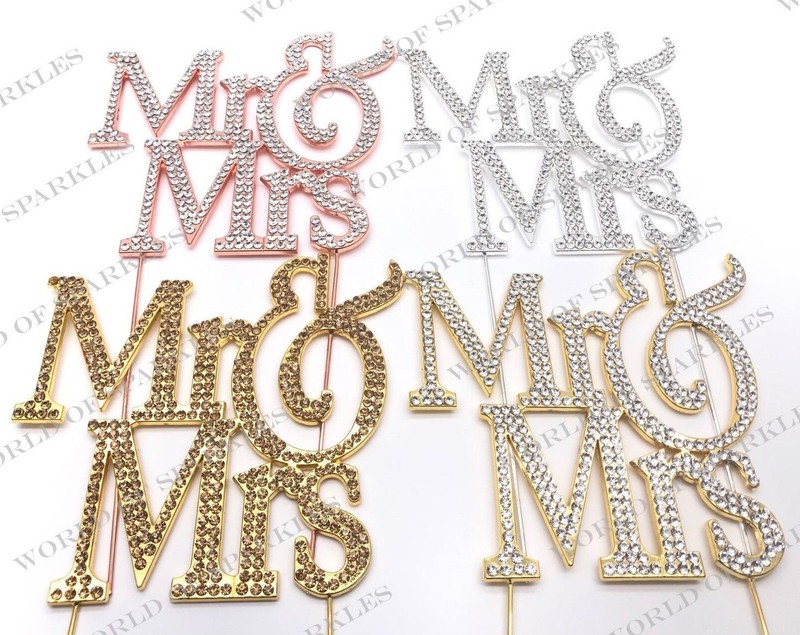 Mr and Mrs Diamante Rhinestone Wedding Cake Toppers Civil Marriage 4 Colours D2