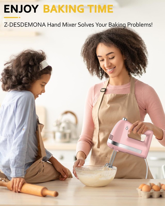Electric Hand Mixer Powerful 300W Handheld With Beaters Dough Hooks Pink gallery