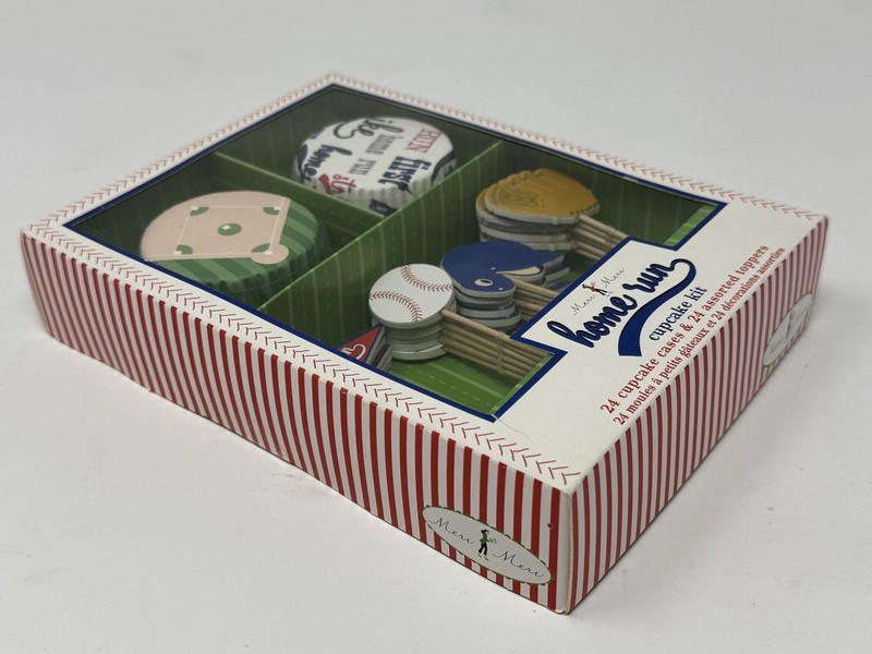 VTG Meri Meri CUPCAKE DECORATIONS KIT Home Run BASEBALL Liners Wrappers Toppers gallery
