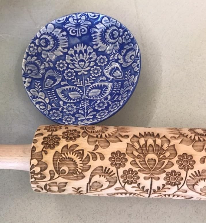 FOLK Embossed Rolling Pin. Wooden Embossing Pin With Folksy Beige gallery