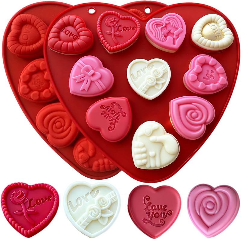 2PCS Heart Shaped Silicone Molds, 10-Style Valentines Day Mold Silicone Heart Mo
