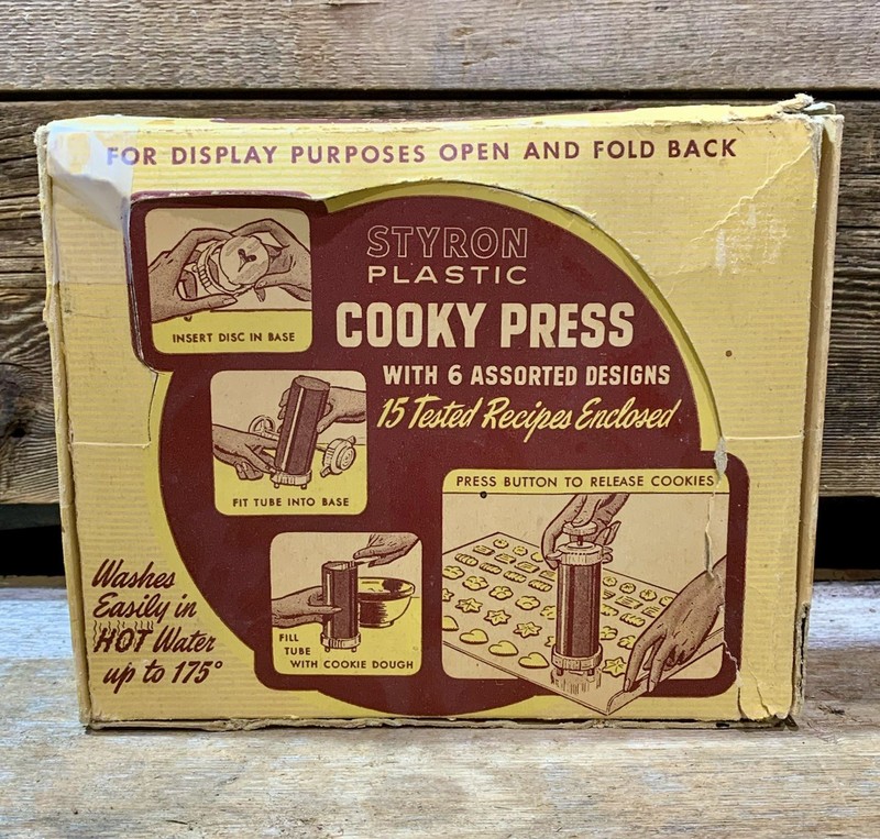 1950s-60s Styron Plastic, Cooky Press, 6 Assorted Designs, In Box
