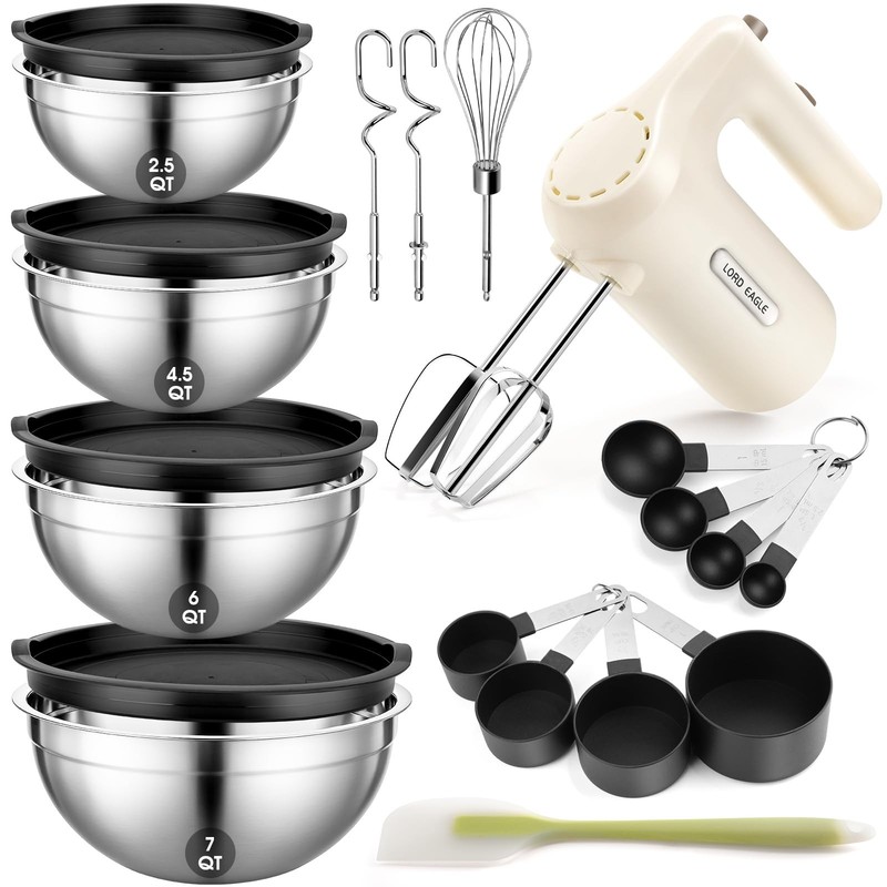 5-Speed Hand Mixer Electric With 4 Stainless Steel Mixing Bowls Set, 300W Lig…