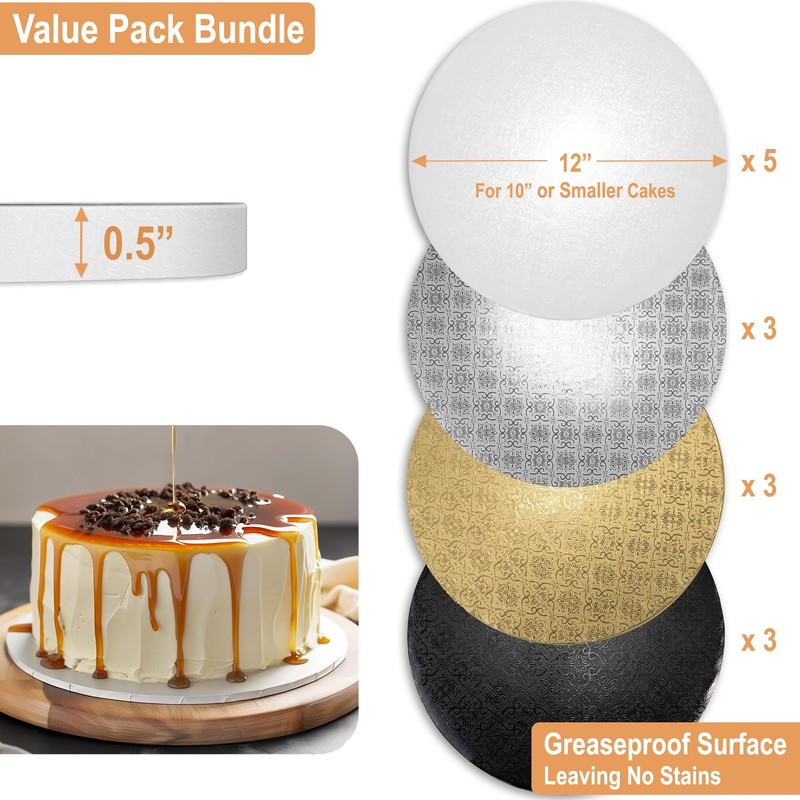14-Pack 12 inch Cake Drums White Black Silver Gold with Prop Up Tools gallery