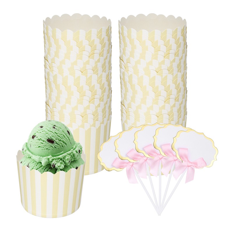 50pcs Paper Baking Cupcake Cups with Handwritten Toppers, Pinstripes&Yellow