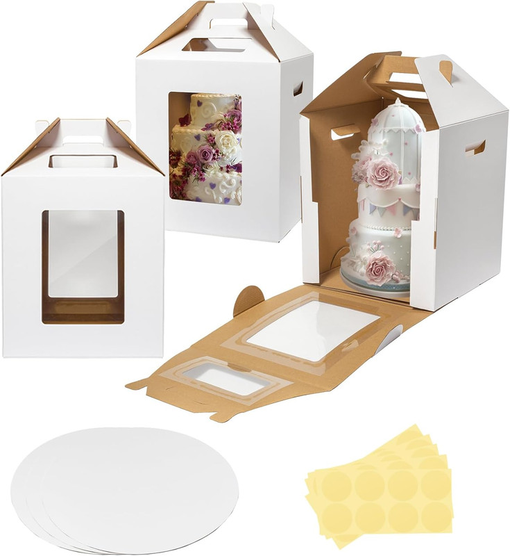 Wowxyz 3 Pack Tall Cake Boxes 14x14x16 Inches with Cake Board – Large Disposable