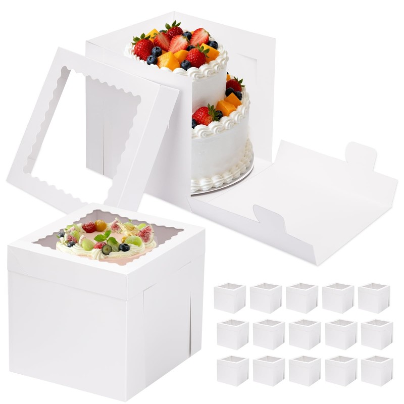 16pcs Cake Boxes, 10x10x10 Inches Tall White Square Bakery Boxes, Cajas Paste…