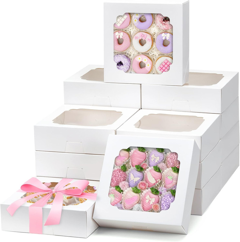 Moretoes 45pcs Bakery Boxes, 8x8x2.5 Inches Cookie Boxes with Window Treat Conta