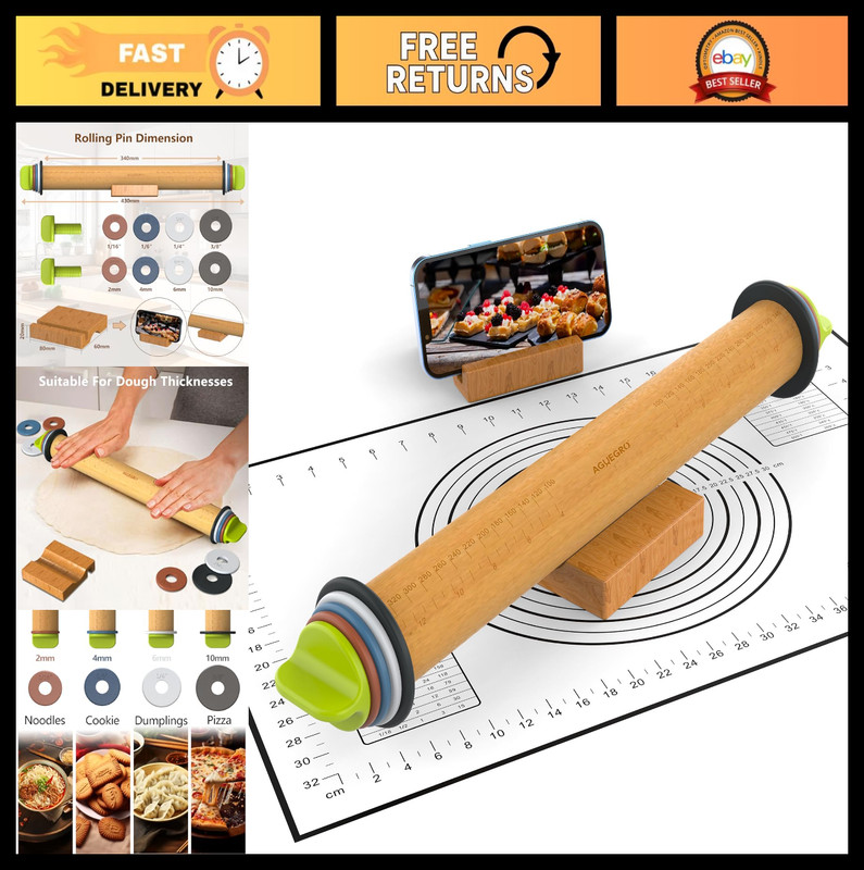 Adjustable Rolling Pin with Thickness Rings & Baking Mat – 13.6″ for Pizza, Cook