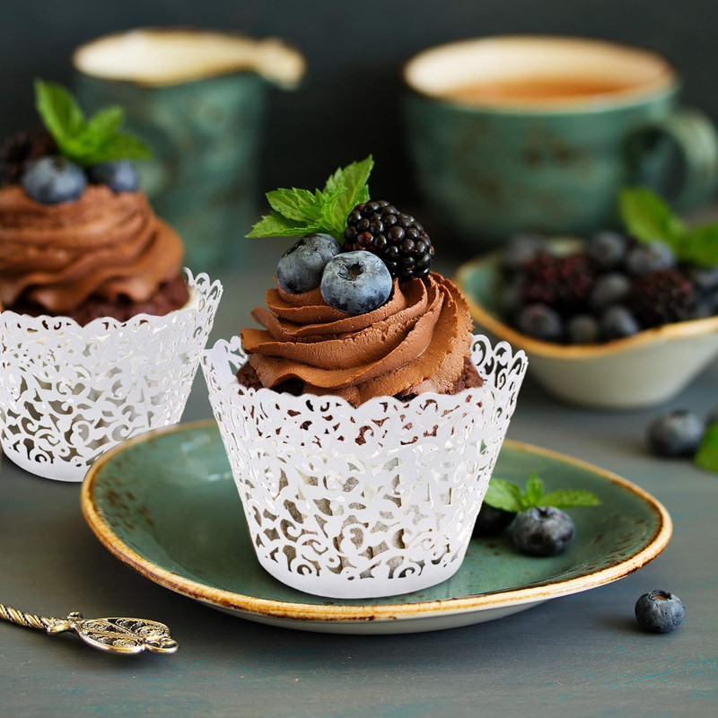 50 pcs White Cupcake Wrappers Lace Baking Cups Cupcake Liners for Baking Laser C gallery