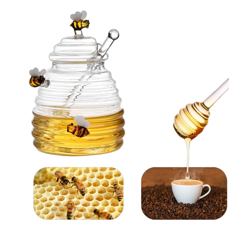 glass honey jar with dipperbeehive shaped honey pothoney container with dippe…