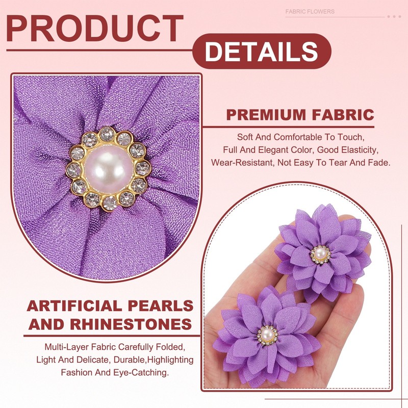 30Pcs Purple 2" Fabric Flowers Rhinestone Pearls Sewing Fabric Flowers for DIY gallery