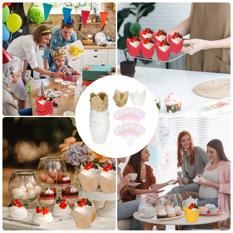 100Pcs Tulip Cupcake Liners with 10Pcs Cheese Markers Solid Liner, Natural/White gallery
