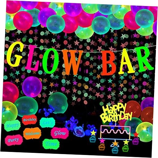 Glow Neon Party Supplies Glow Bar Banner Fluorescent Balloons Yellow Happy