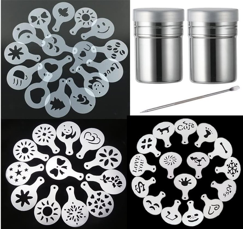 44 Cookie Stencils+2 Mesh Powder Shakers+1 Coffee Latte Art Pen, Cake Stencils C