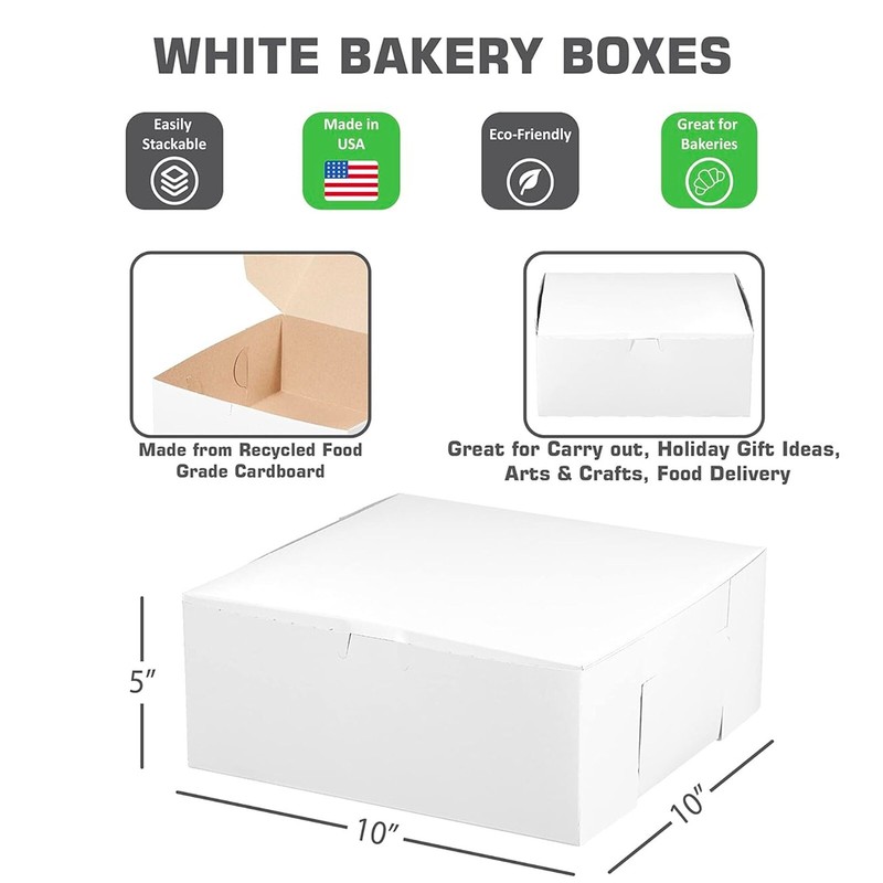[ 200 Pack ] White Bakery Pastry Boxes – 10 x 10 x 5 In.