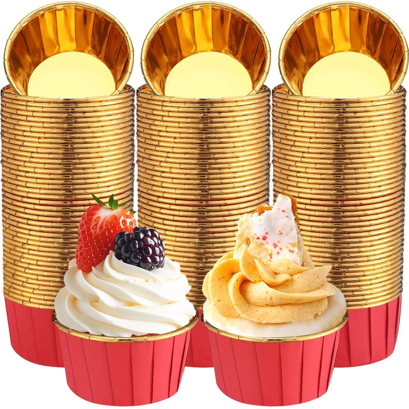 Gandeer 300 Pack Red Gold Cupcake Liners Bulk Disposable Foil Muffin Cups 3.5…