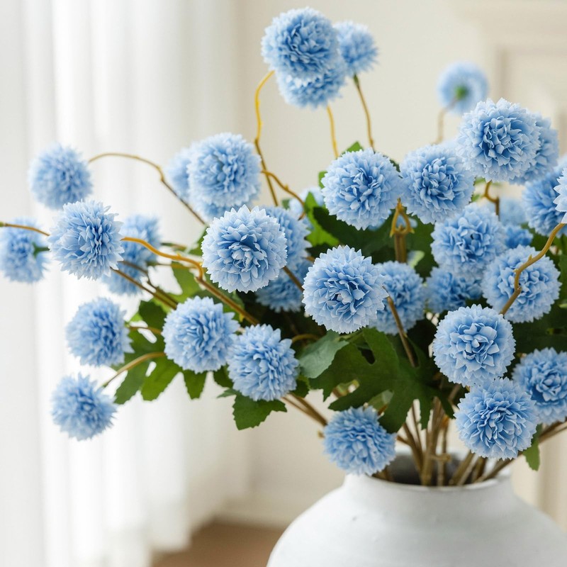Mizii 6Pcs Blue Fake Silk Pompon Mum Artificial Flowers Bulk Small Faux gallery