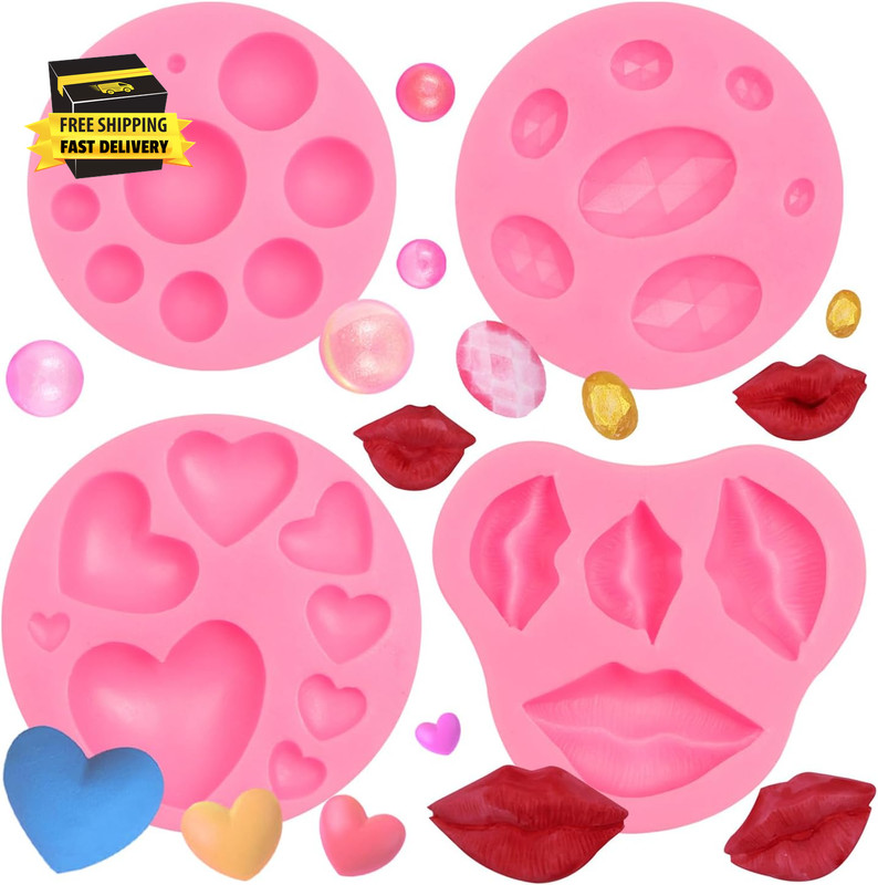 Silicone Lips Chocolate Molds Silicone, 4 Packs Heart Gemstone Candy Chocolate C