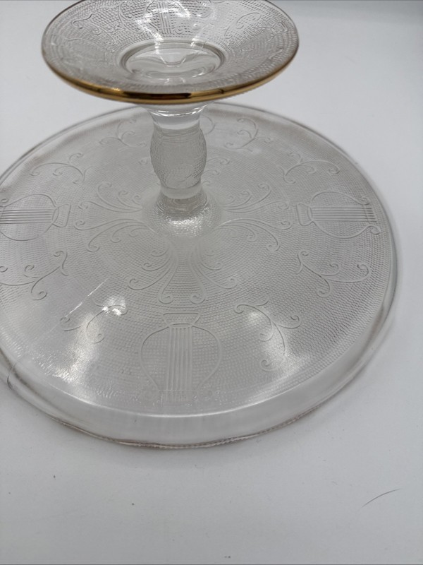 Jeanette Harp Glass Pedestal Cake Plate Stand Scalloped Edge w/Gold 10" gallery