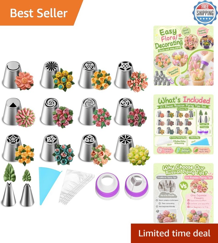 Stainless Steel 27-Piece Cake Decorating Set with 12 Icing Tips for Beginners