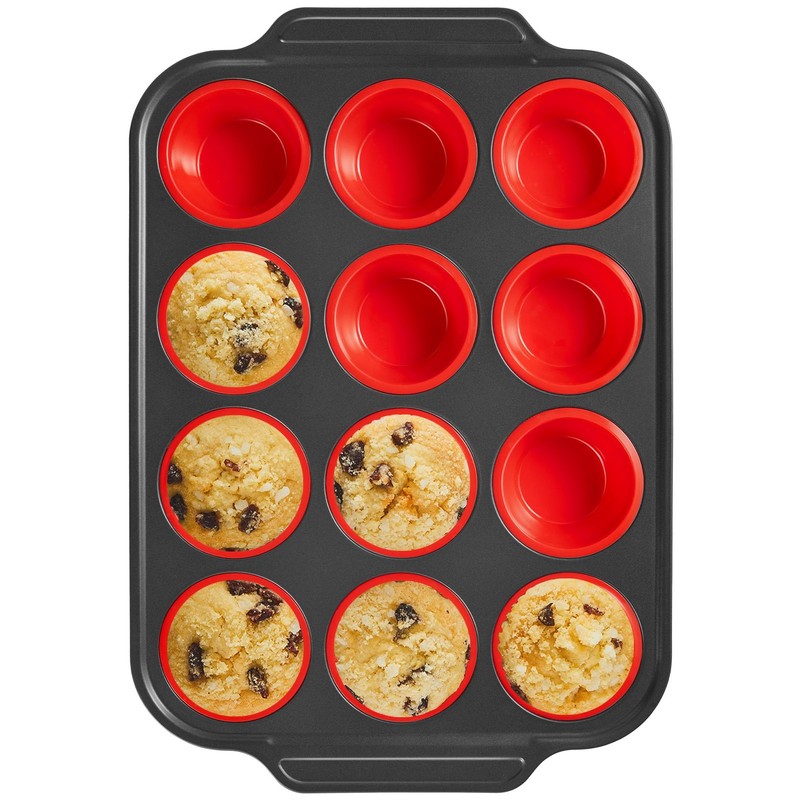 BRONYPRO Silicone Muffin Pans for Baking with Metal 12 Cup Pan, Red