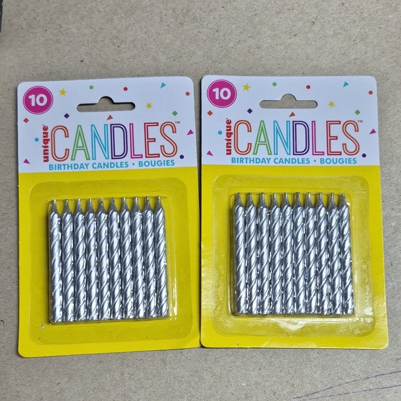 Unique Silver Spiral Twist Birthday Cake Candles, 10-Pack, Model #1944