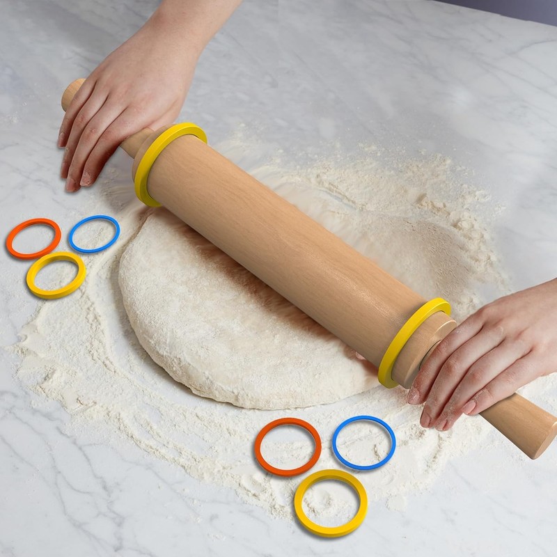 Wooden Rolling Pin with 3 Thickness Rings for Baking Pastries Pizza Dough gallery