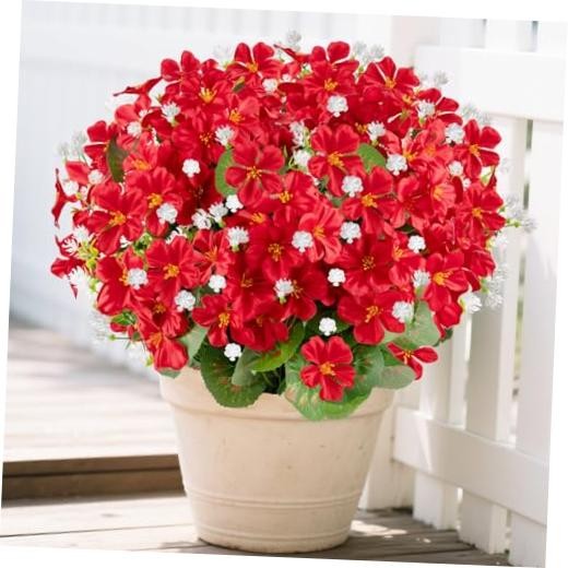 14” Artificial Geraniums Flowers for Outdoors,12 Bundles Mixed Fake Silk Red