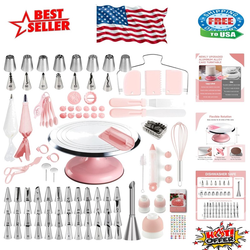 Complete Cake Decorating Kit: 138 Pieces, Aluminium Turntable & 32 Piping Bags
