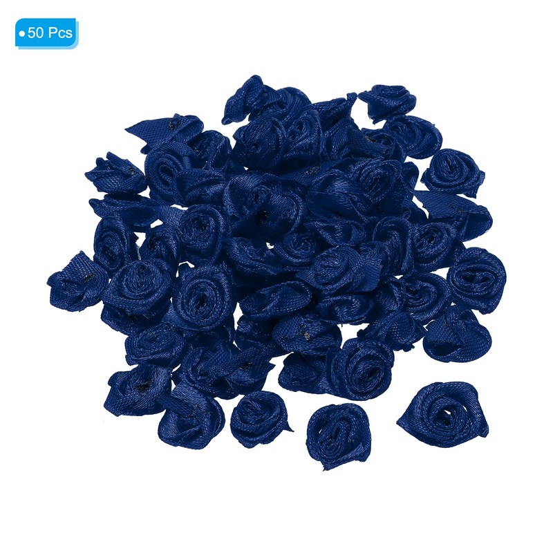 50Pcs Mini Satin Ribbon Roses Fabric Flowers Embellishments Rosettes Navy Blue gallery