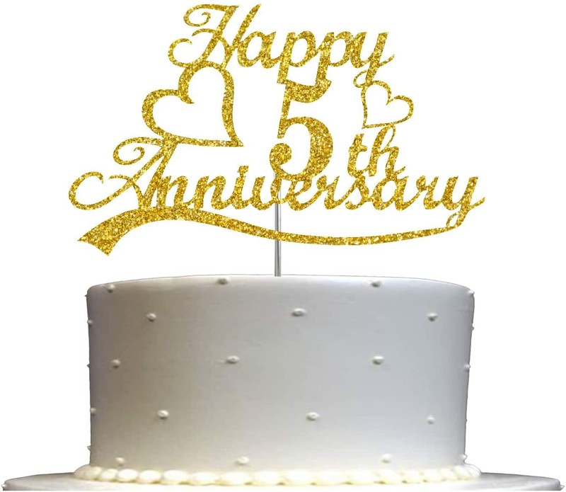 5th Anniversary Cake Topper Gold Glitter, 5 Wedding Anniversary Party Decoration