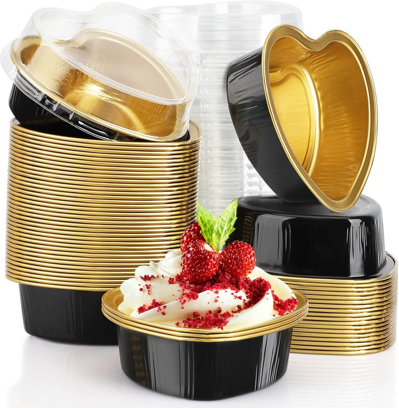 3.4oz 50pcs Aluminum Foil Heart Shaped Baking Pans Cups with Lids Snacks Dess…