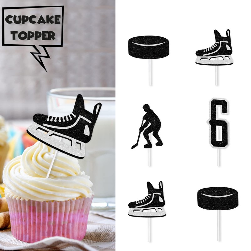 18pcs Black Glitter Ice Hockey Athletes Dessert Cupcake Topper 6 Years gallery