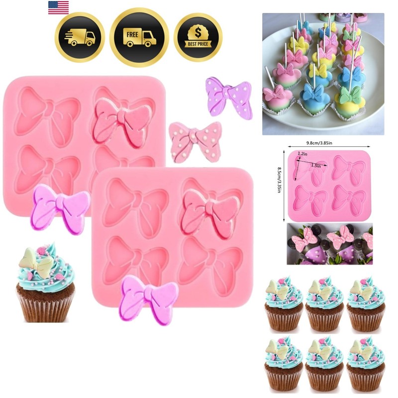 Bow Silicone Mold,2 Pcs 4 Hole Bow Chocolate Mold,Bows Fondant Molds Sugar Ca…