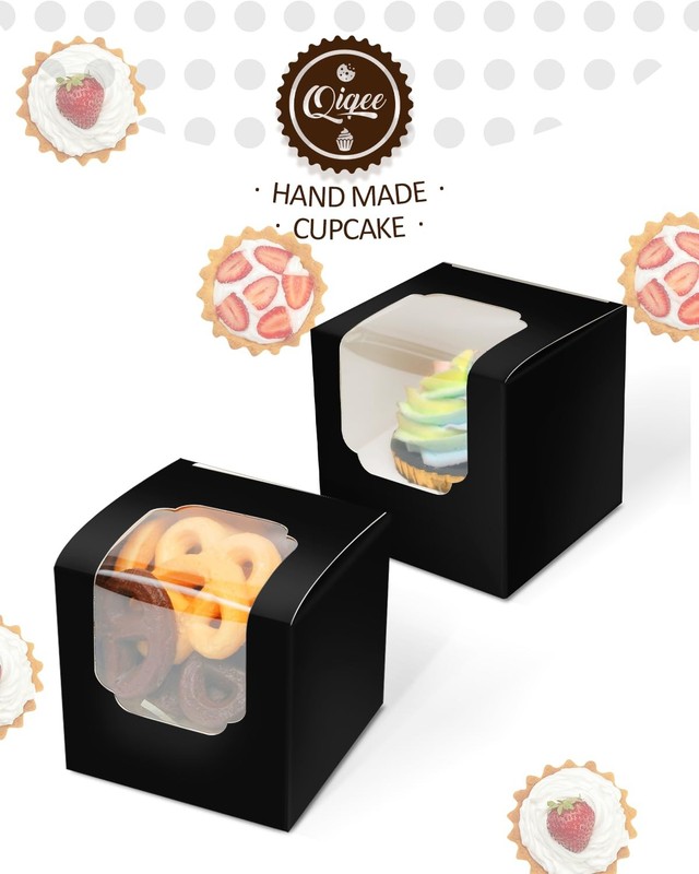 qiqee Black Cupcake Boxes Individual Cupcake Container 100pcs 3.5" x 3.5" x 3... gallery