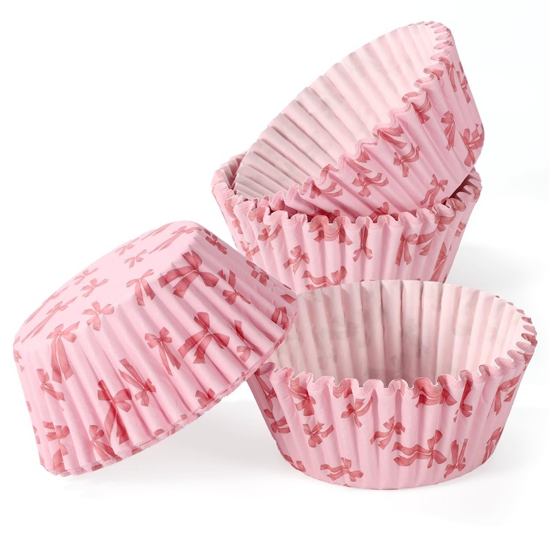 300 PCS Pink Bow Cupcake Liners Mini Paper Cake Wrappers Toppers Birthday Decor