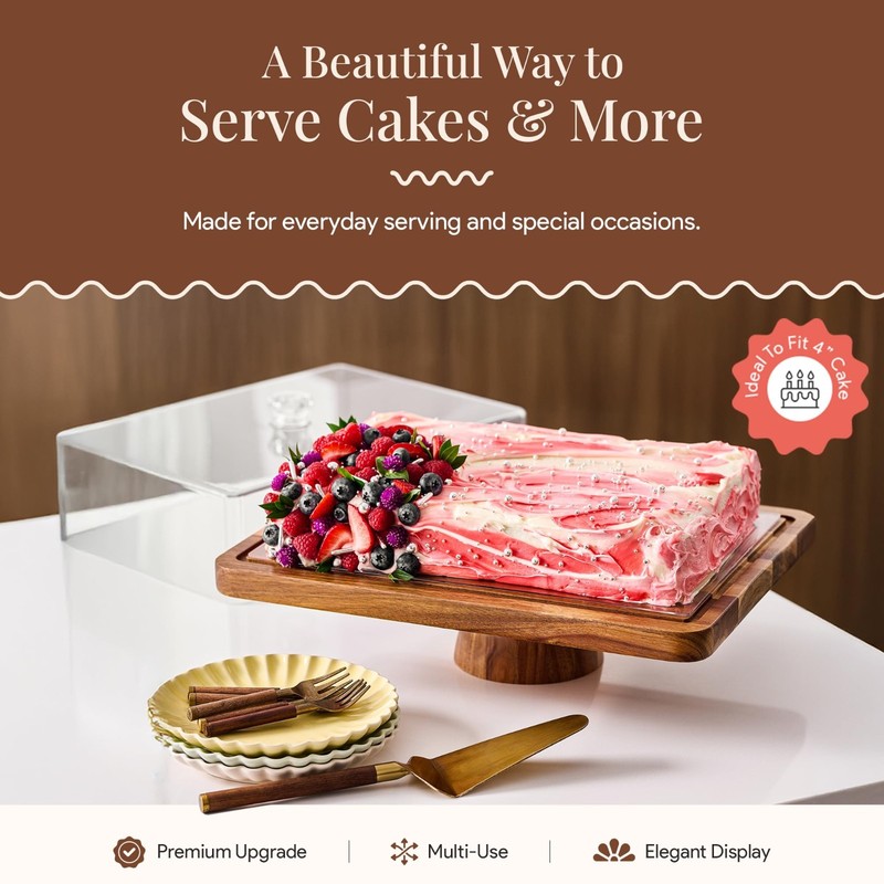 Acacia Wood Cake Stand with Lid - 2-in-1 Dessert Display & Charcuterie Board, La gallery