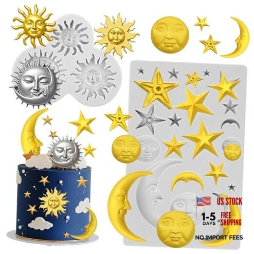 Sun Face Moon Star Silicone Molds 2Pcs Star Fondant Cake Mold Ramadan Eid Gray