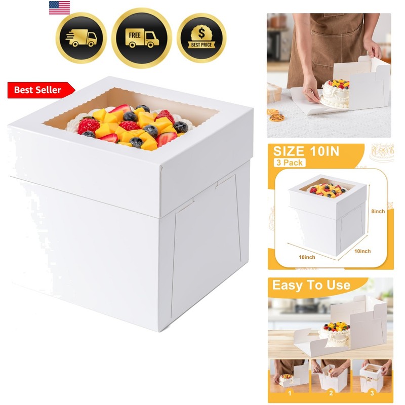 3 Pack Cake Boxes 10 Inch, 10x10x8 Inches Tall Cake Large Box, Disposable Cak…